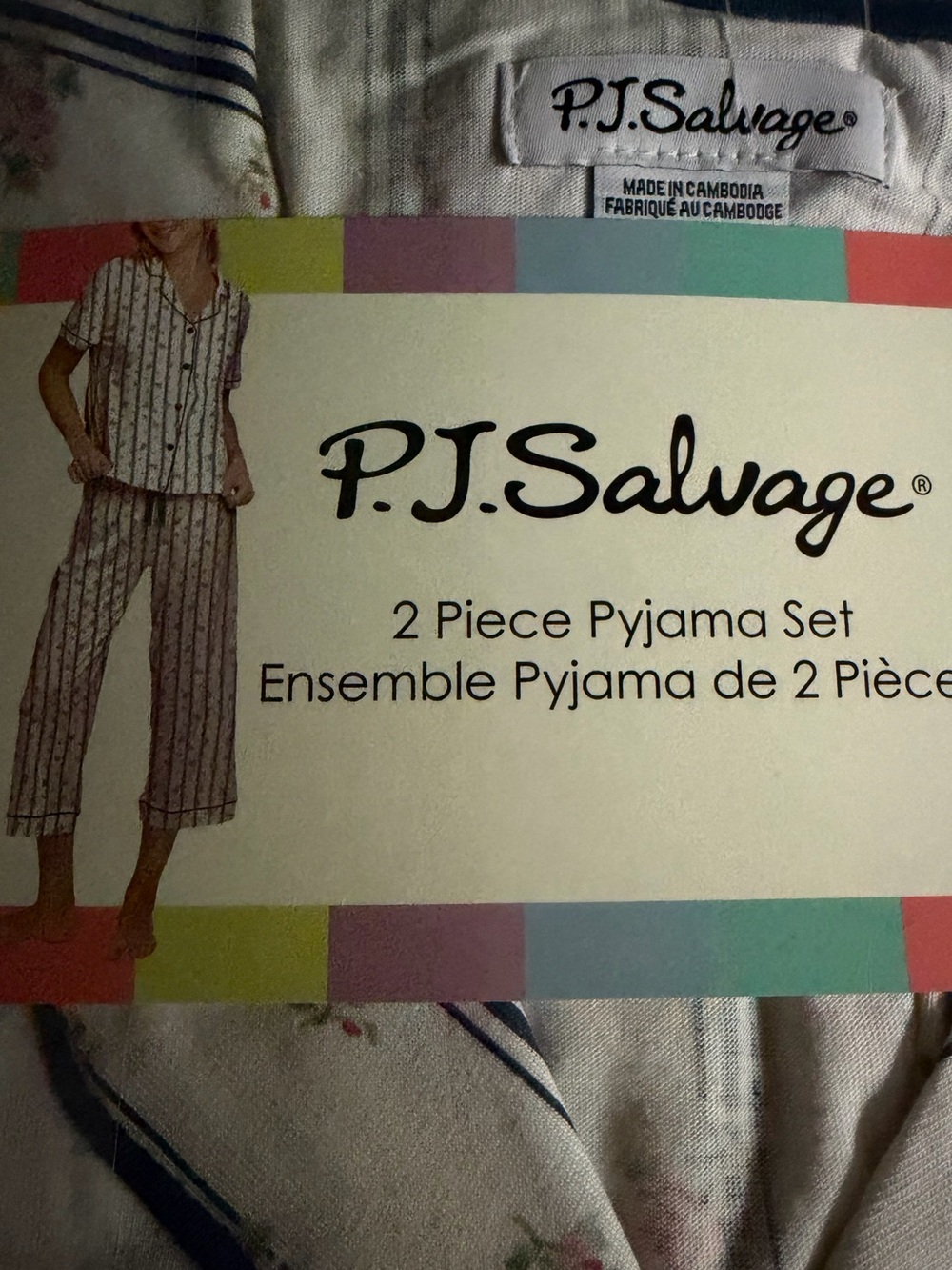 P.J. Salvage White Pajama Capris Set with Navy Trim and Pink Floral